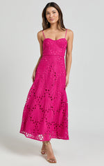 Nikka Midi Dress - Sweetheart Bustier Lace Dress in Pink