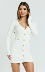 Nikka Mini Dress - Long Sleeve V Neck Bodycon Knit Dress in Cream