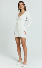 Nikka Mini Dress - Long Sleeve V Neck Bodycon Knit Dress in Cream