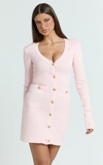 Nikka Mini Dress - Long Sleeve V Neck Bodycon Knit Dress in Pink