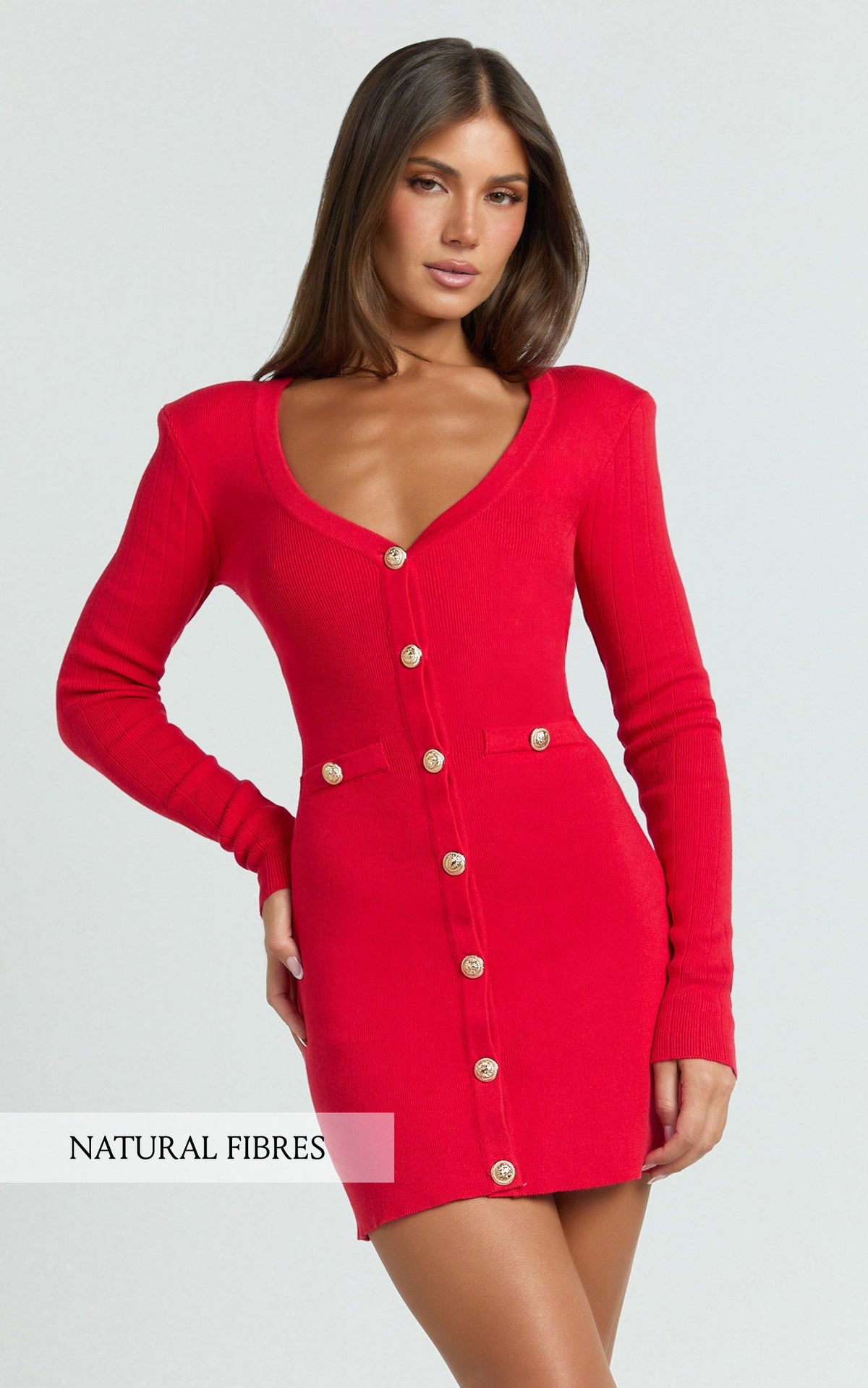 Nikka Mini Dress - Long Sleeve V Neck Bodycon Knit Dress in Red
