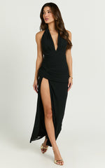 Nikki Maxi Dress - Halter Thigh Split Wrap Dress in Black