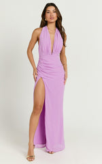 Nikki Maxi Dress - Halter Thigh Split Wrap Dress in Lilac