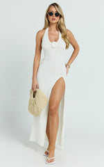 Nikola Midi Dress - Plunge Halter High Split Knit Dress in Cream