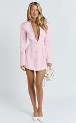 Ninette Mini Dress - V Neck Tulip Hem Blazer Dress in Pink