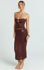 Noa Two Piece Set - Knit Starfish Strapless Top and Maxi Skirt Set in Brown