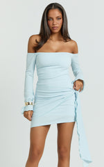 Noah Mini Dress - Off Shoulder Draped Skirt Jersey Dress in Blue