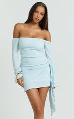 Noah Mini Dress - Off Shoulder Draped Skirt Jersey Dress in Blue