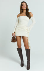 Noah Mini Dress - Off Shoulder Draped Skirt Jersey Dress in Cream