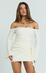 Noah Mini Dress - Off Shoulder Draped Skirt Jersey Dress in Cream