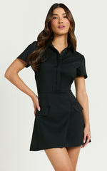 Noemie Mini Dress - Short Sleeve Faux Wrap Dress in Black