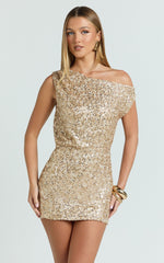 Nora Mini Dress - One Shoulder Blouson Fitted Dress in Gold