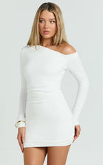 Nori Mini Dress - One Shoulder Long Sleeve Bodycon Dress in Off White
