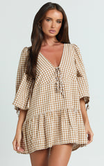Nour Mini Dress - High Neck Tie Front Drop Waist Gathered Skirt Dress in Caramel/White Gingham
