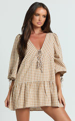 Nour Mini Dress - High Neck Tie Front Drop Waist Gathered Skirt Dress in Caramel/White Gingham