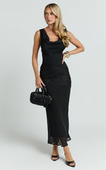 Nova Midi Dress - Lace Cowl Neck Tie Back Dress in Black