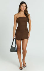 Octavia Mini Dress - Strapless A Line Wrap Skirt Dress in Chocolate