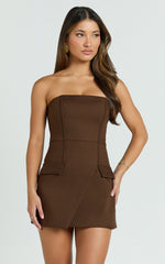 Octavia Mini Dress - Strapless A Line Wrap Skirt Dress in Chocolate