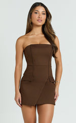 Octavia Mini Dress - Strapless A Line Wrap Skirt Dress in Chocolate
