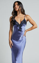 Ofeliya Midi Dress - Lace Trim Satin Slip Dress in Cornflower Blue