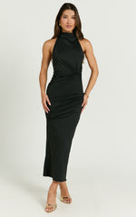 Olenna Midi Dress - Halter Neck Twist Detail Tie Back Dress in Black