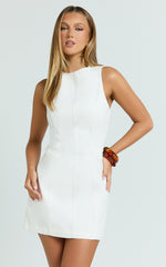 Olenna Mini Dress - High Neck Fitted Denim Dress in Ecru