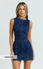 Olenna Mini Dress - High Neck Fitted Denim Dress in Indigo Wash
