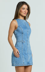 Olenna Mini Dress - High Neck Fitted Denim Dress in Mid Blue Wash