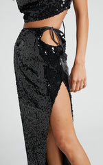 Olivera Midi Skirt - Thigh Split Waist Cut Out Sequin Skirt in Black