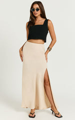 Olivia Maxi Skirt - Mid Waisted Linen Bias Cut Split Skirt in Natural