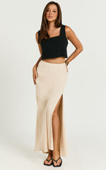 Olivia Maxi Skirt - Mid Waisted Linen Bias Cut Split Skirt in Natural