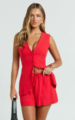 Olivia Shorts - Drawstring Relaxed Linen Shorts in Red