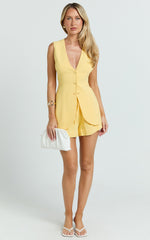 Olivia Top - Longline Linen V Neck Back Tie Vest Top in Lemon