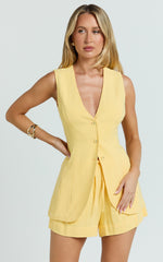 Olivia Top - Longline Linen V Neck Back Tie Vest Top in Lemon