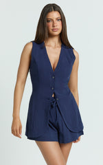 Olivia Top - Longline Linen V Neck Back Tie Vest Top in Navy