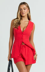 Olivia Top - Longline Linen V Neck Back Tie Vest Top in Red