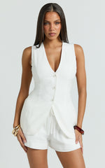 Olivia Top - Longline Linen V Neck Back Tie Vest Top in White