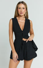 Olivia Top - Longline Linen V Neck Back Tie Vest Top in Black