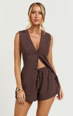 Olivia Top - Longline Linen V Neck Back Tie Vest Top in Chocolate