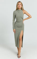 Olsen Midi Dress - Asymmetric One Sleeve Draped Leg Split Dress in Khaki