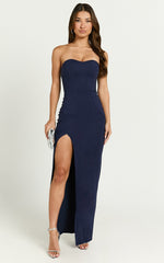 Oriella Maxi Dress - Panelled Thigh Split Strapless Dress in Navy