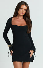 Oscar Mini Dress - Long Tie Sleeve Square Neck Dress in Black