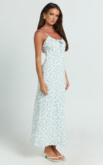 Owen Maxi Dress - Strappy Scoop Neck Tie Front Bias Skirt Dress in Blue Ditsy Floral