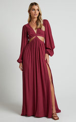 Paige Maxi Dress - Side Cut Out Balloon Sleeve Dress in Mulberry
