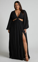 Paige Maxi Dress - Side Cut Out Balloon Sleeve Dress in Black