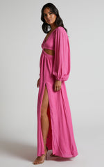 Paige Maxi Dress - Side Cut Out Balloon Sleeve Dress in Pink