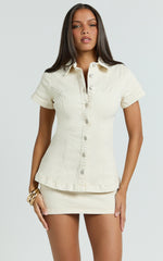 Paige Top - Button Down Short Sleeve Denim Top in Ecru