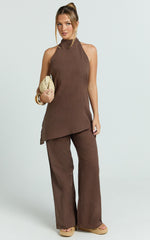 Paige Two Piece Set - Halter Top and Wide Leg Pant Set in Chocolate