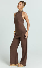 Paige Two Piece Set - Halter Top and Wide Leg Pant Set in Chocolate