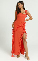 Palmer Maxi Dress - Ruffle Strap High Split Dress in Orange
